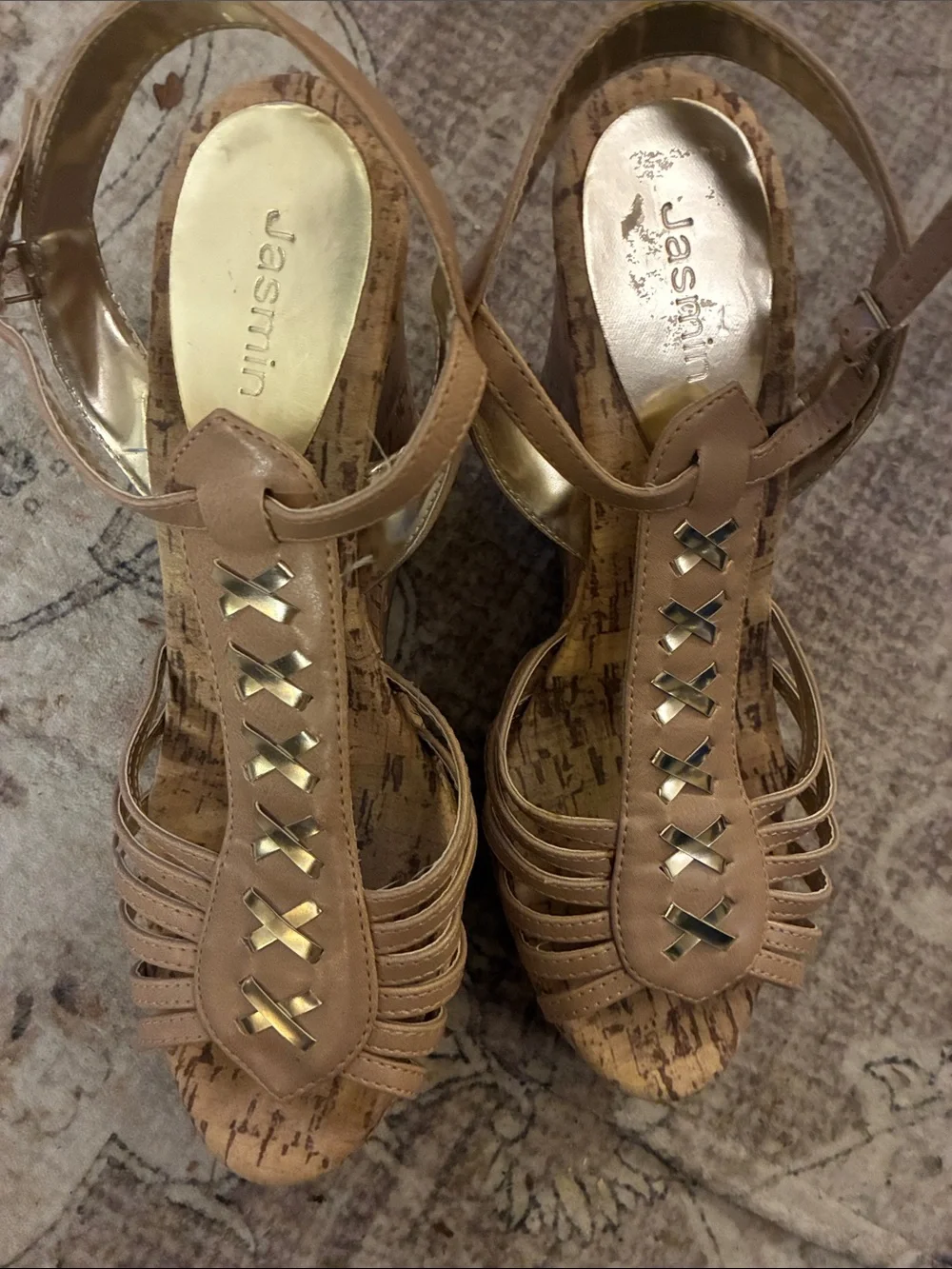 Jasmin Tan Strappy Cork Wedge Sandals with Gold Accents
